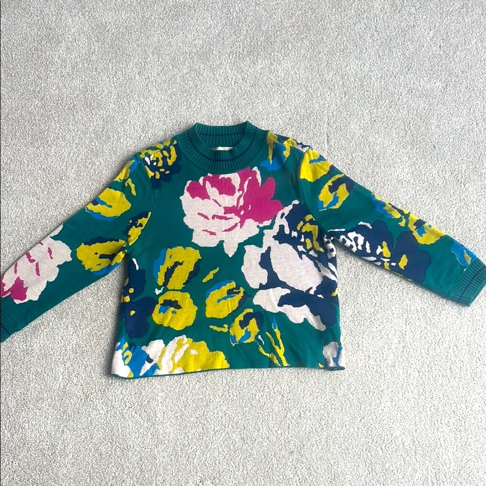 Anthropologie Green and Pink Floral Sweater Cozy Long Sleeve